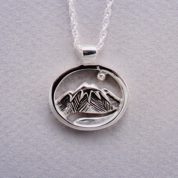 Moon River Pendant in Silver, Mountain Jewelry, Cascade Jewelry, Cascade Range Jewelry, Mountain Theme Jewelry, Leavenworth Mountain Jewelry, Mountain Rings, Mountain Pendants,